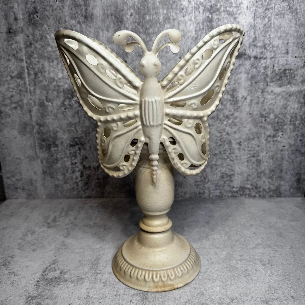 Cream Metal Butterfly Pillar Candle Holder Pedestal Distressed Shabby Chic